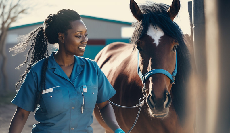 AI generated image of a Female Veterinarian of Colour wearing blue scrubs with a Horse